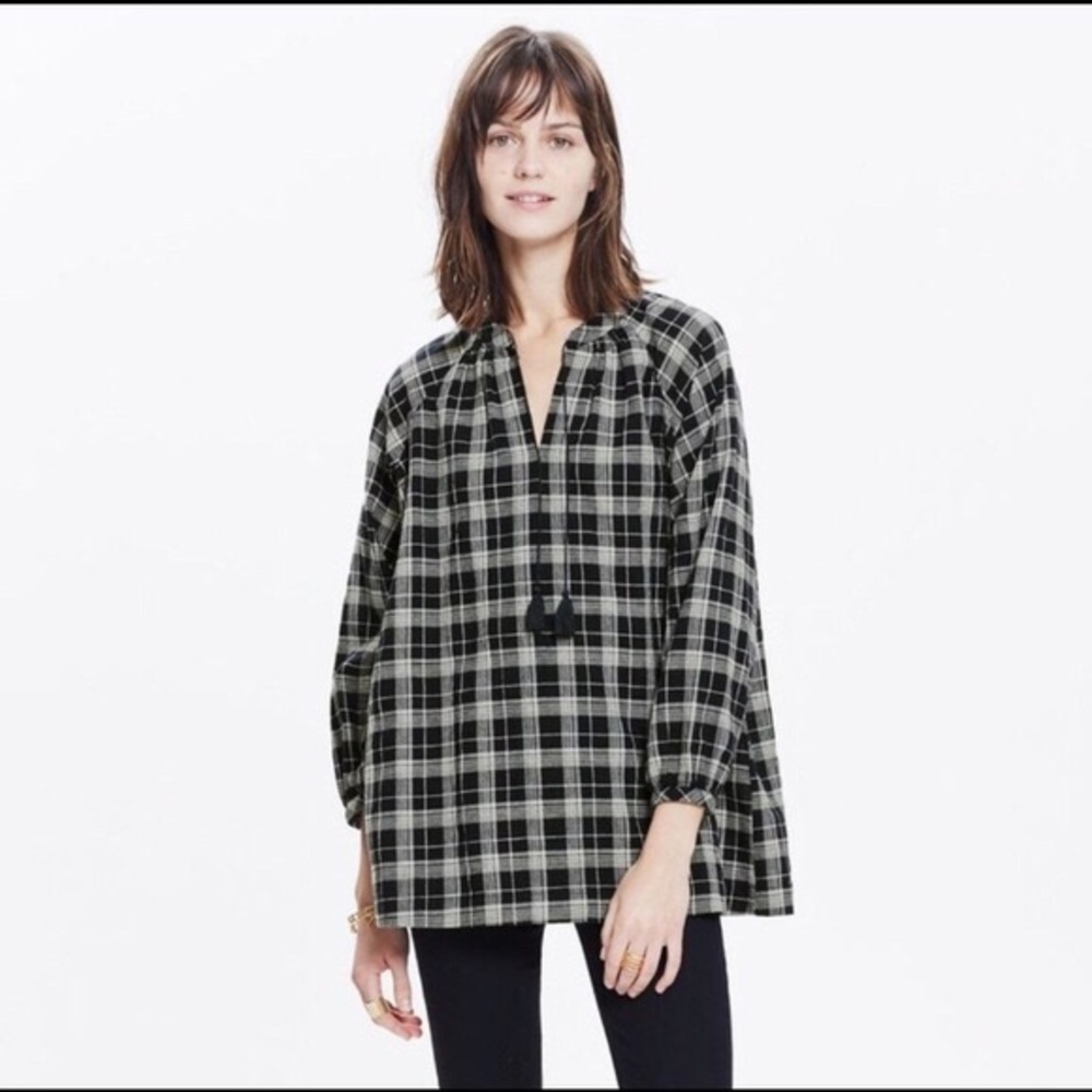 Madewell NWT Camelia Plaid Tassel Blouse Navy Blue Medium